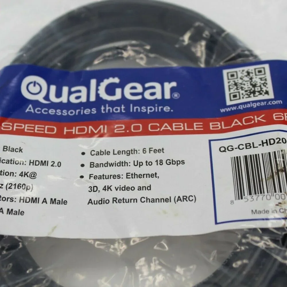 QualGear QG-CBL-HD20-BLK High-Speed HDMI 2.0 Cable with Ethernet, 6 Feet